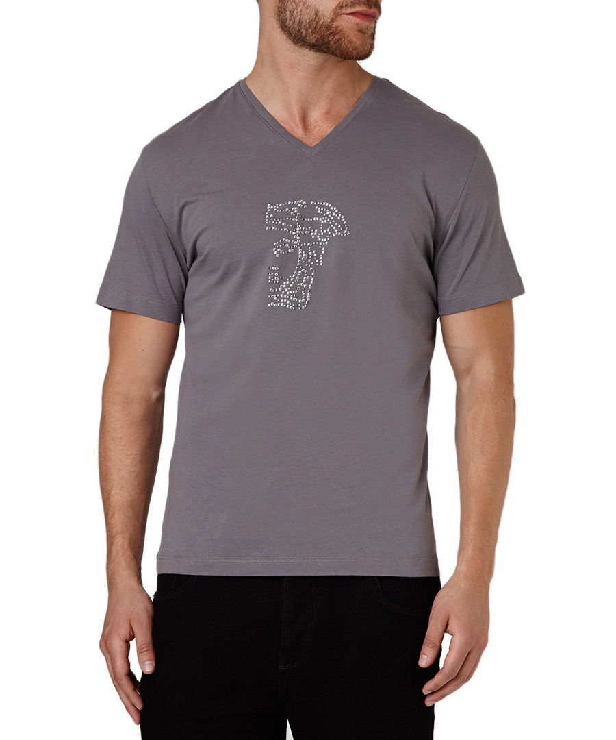 Versace Collection Gray V-Neck Half Medusa Studded Logo Short Sleeve T-Shirt