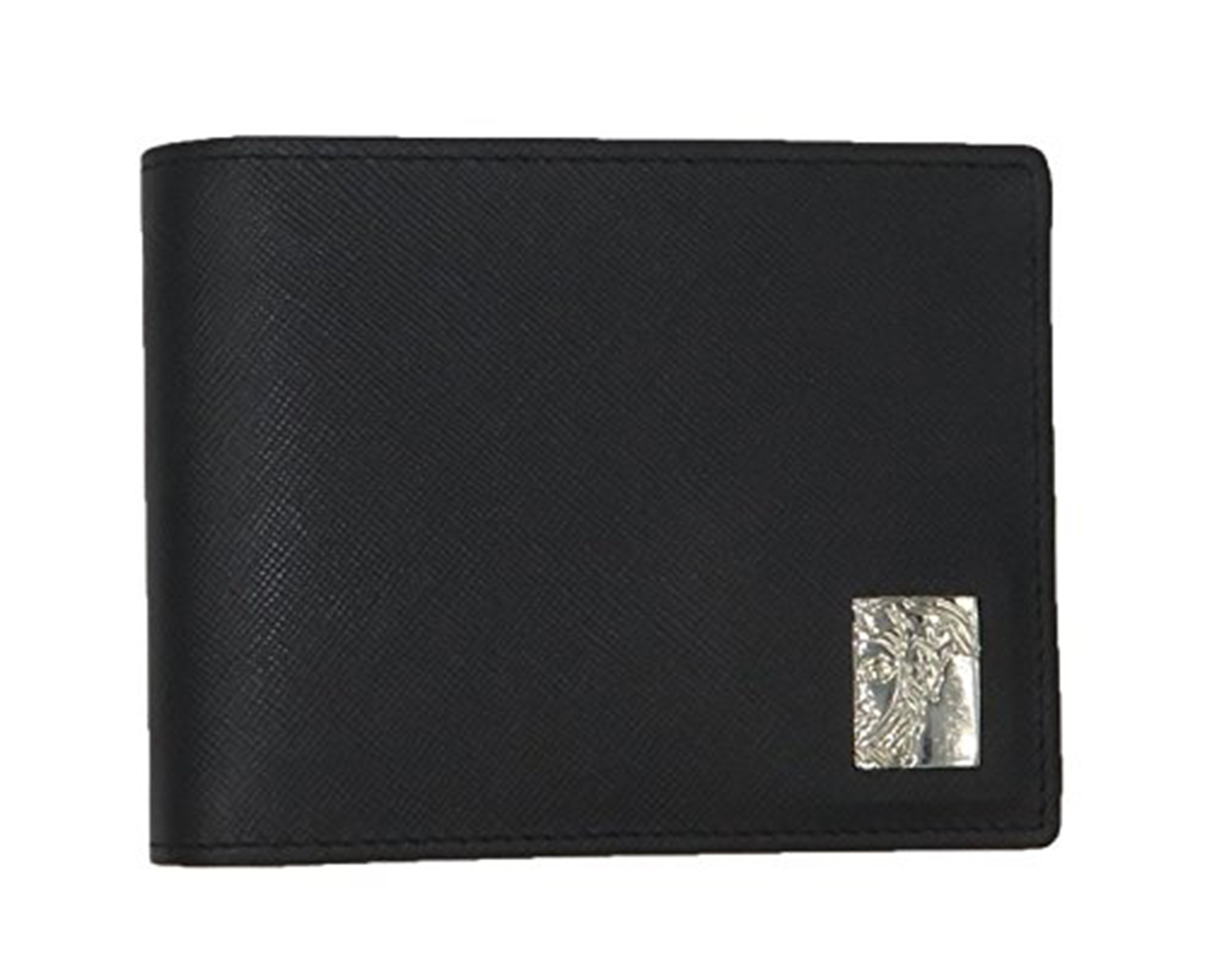 VERSACE COLLECTION Men/'s Black Saffiano Leather Medusa Logo Bifold Wallet