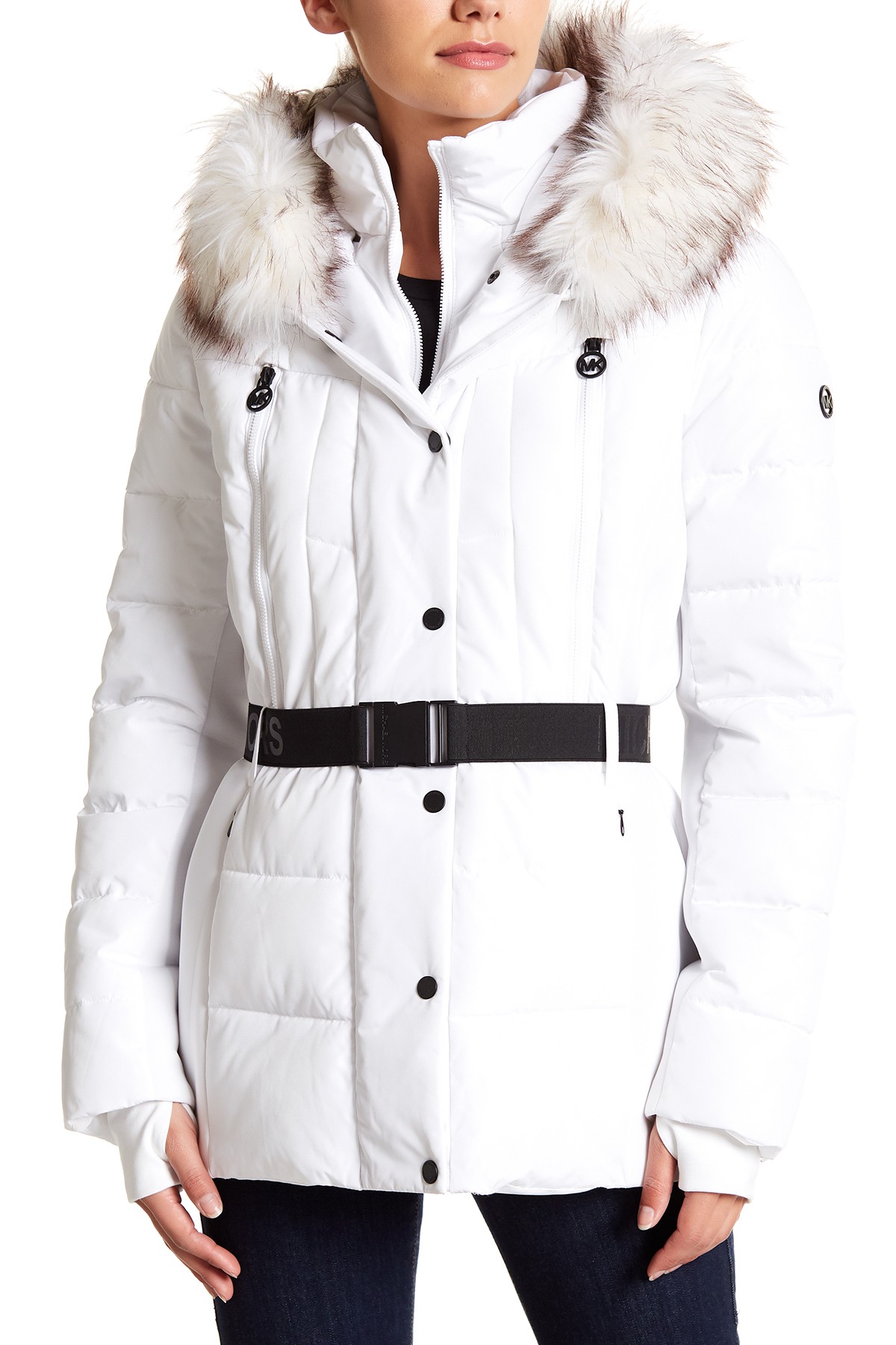 michael michael kors faux fur hooded belted down puffer coat