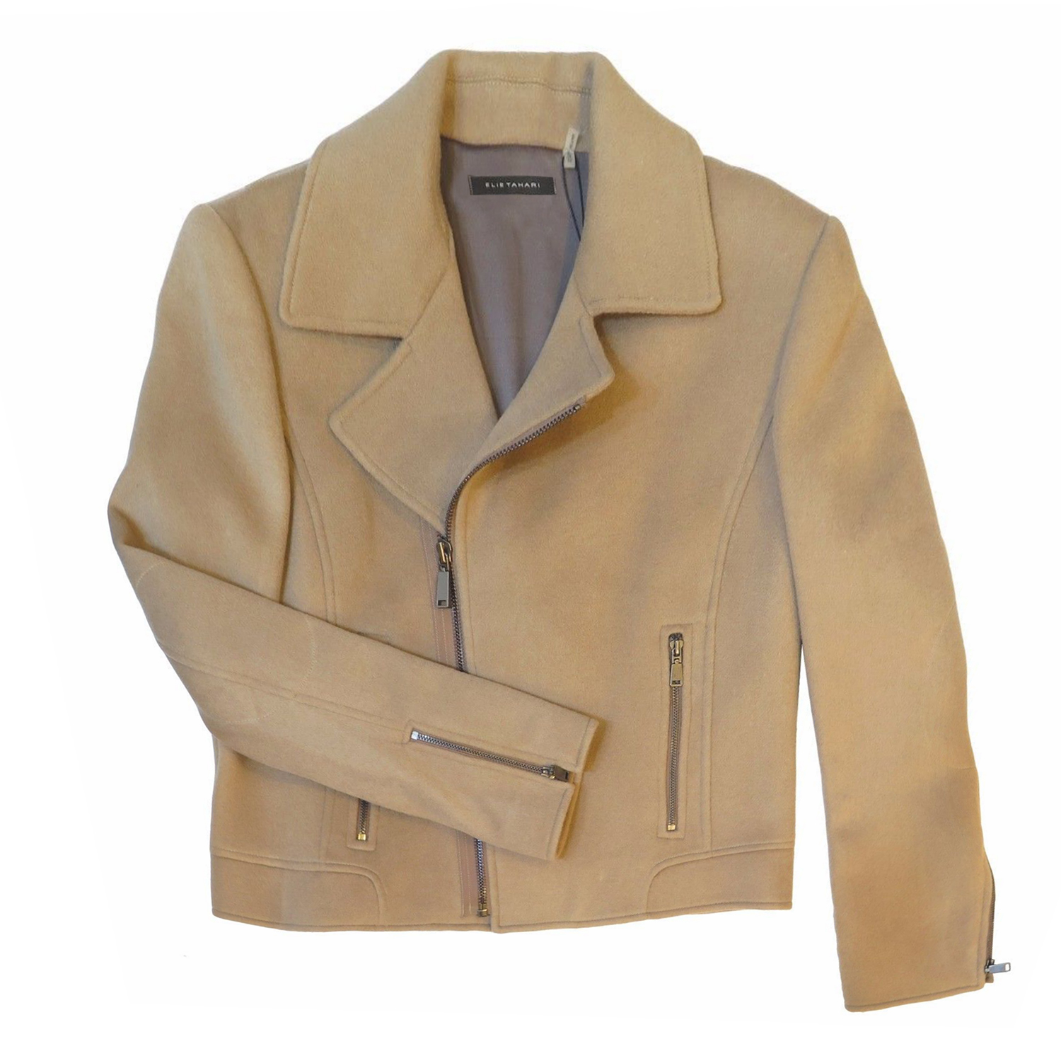 ELIE TAHARI Women's Mae D Beige Wool Asymmetrical Zip Moto Jacket Coat ...