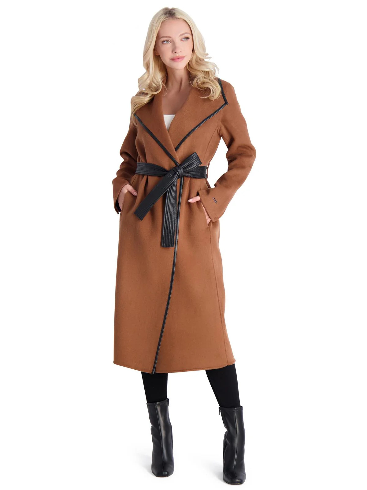 Tahari Women's Juliette Belted Wool Coat, Caramel Brown Belted